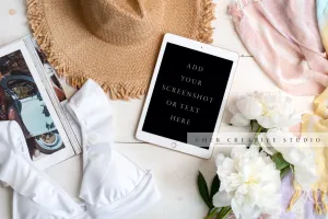 Tablet, Sun Hat & White Peonies. Digital Image