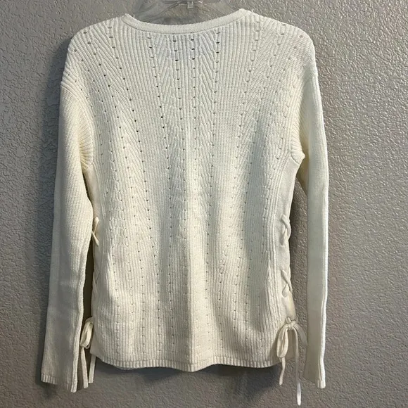 Talbots Women’s (XS) Ivory Pointelle Eyelet Pullover Crewneck Side Ties NWT