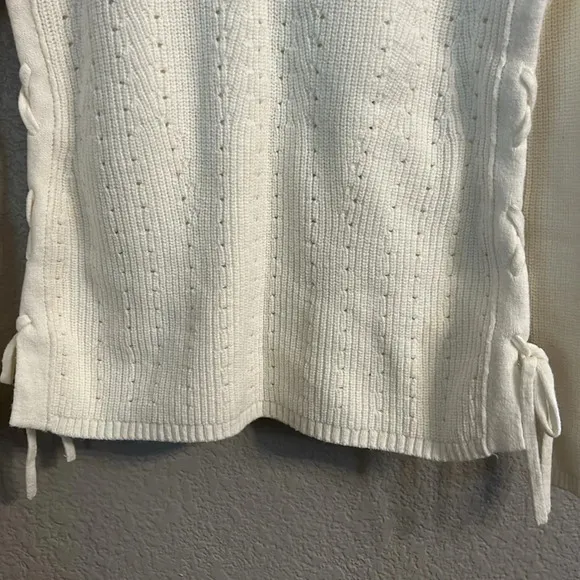 Talbots Women’s (XS) Ivory Pointelle Eyelet Pullover Crewneck Side Ties NWT