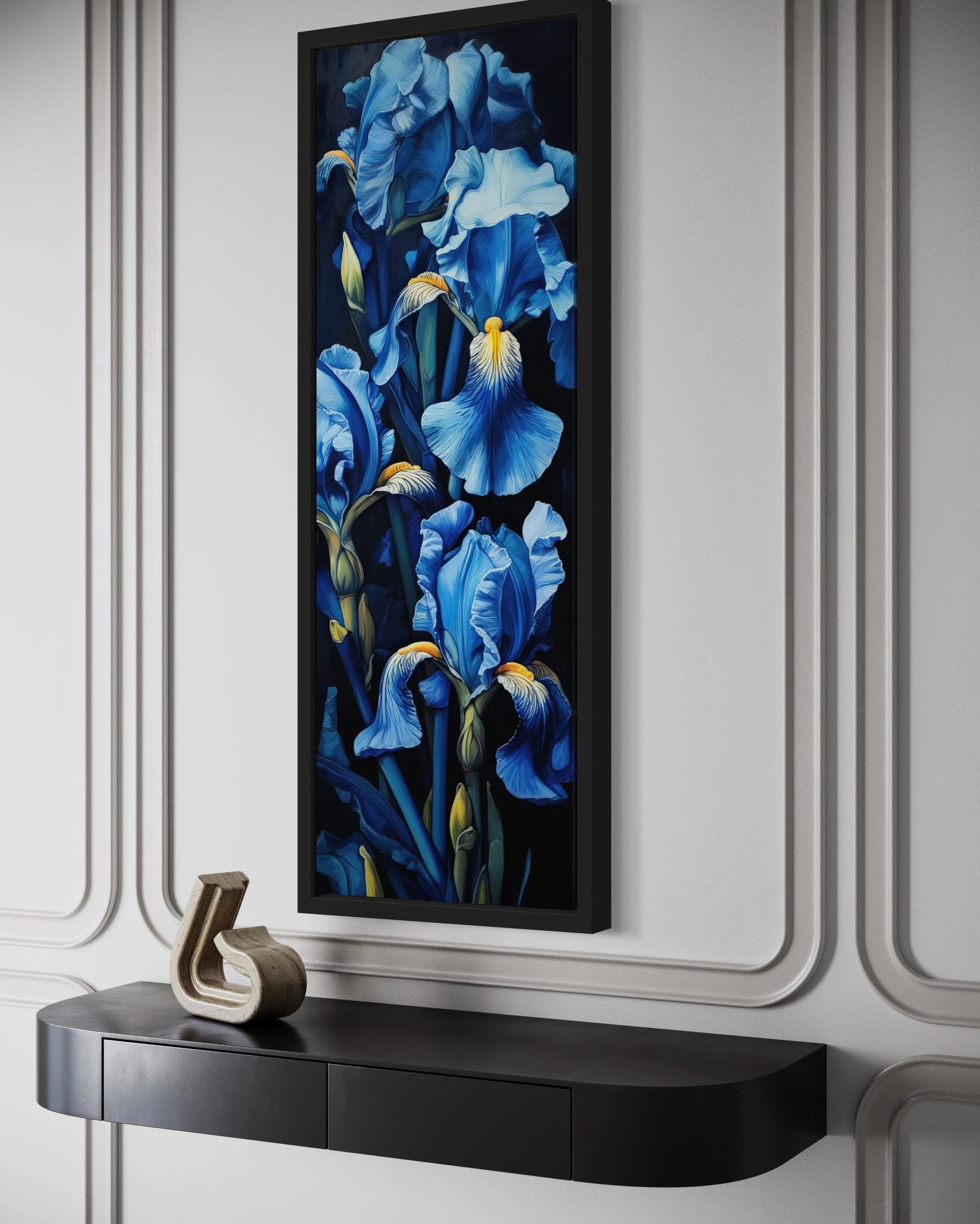 Tall Narrow Blue Irises on Black Background Vertical Framed Canvas Wall Art