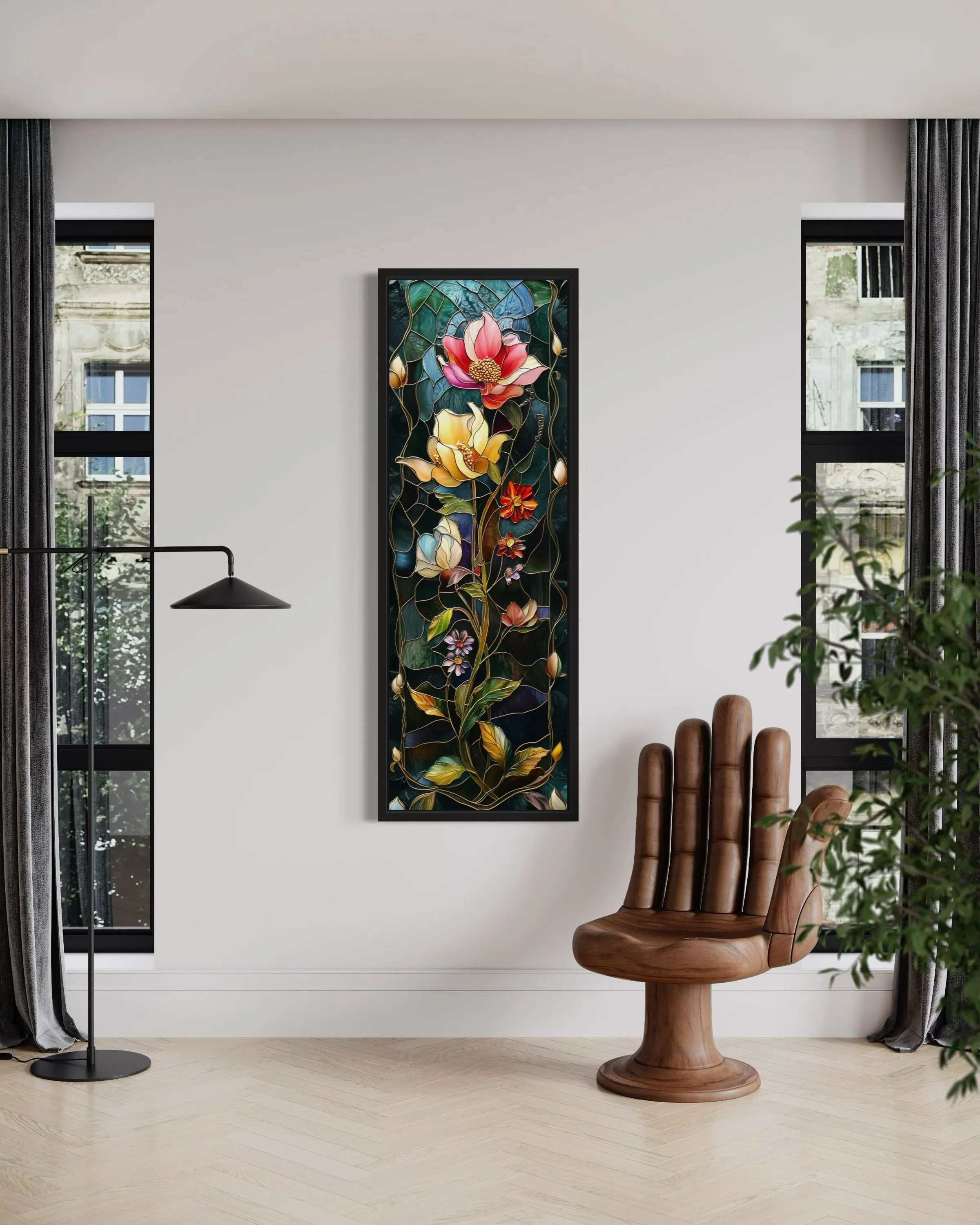 Tall Narrow Floral Art Nouveau Vertical Framed Canvas Wall Art
