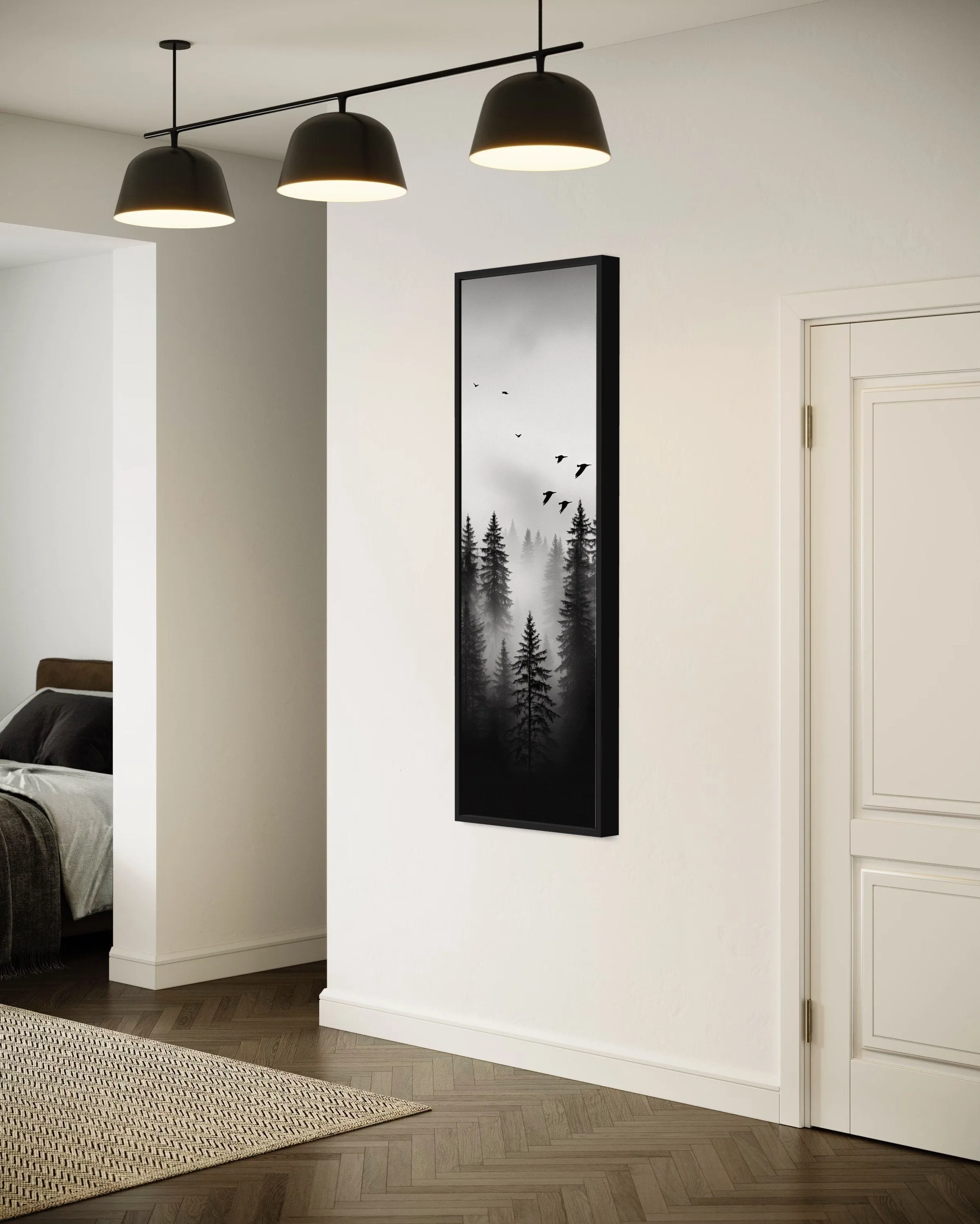 Tall Narrow Foggy Forest Black White Vertical Framed Canvas Wall Art