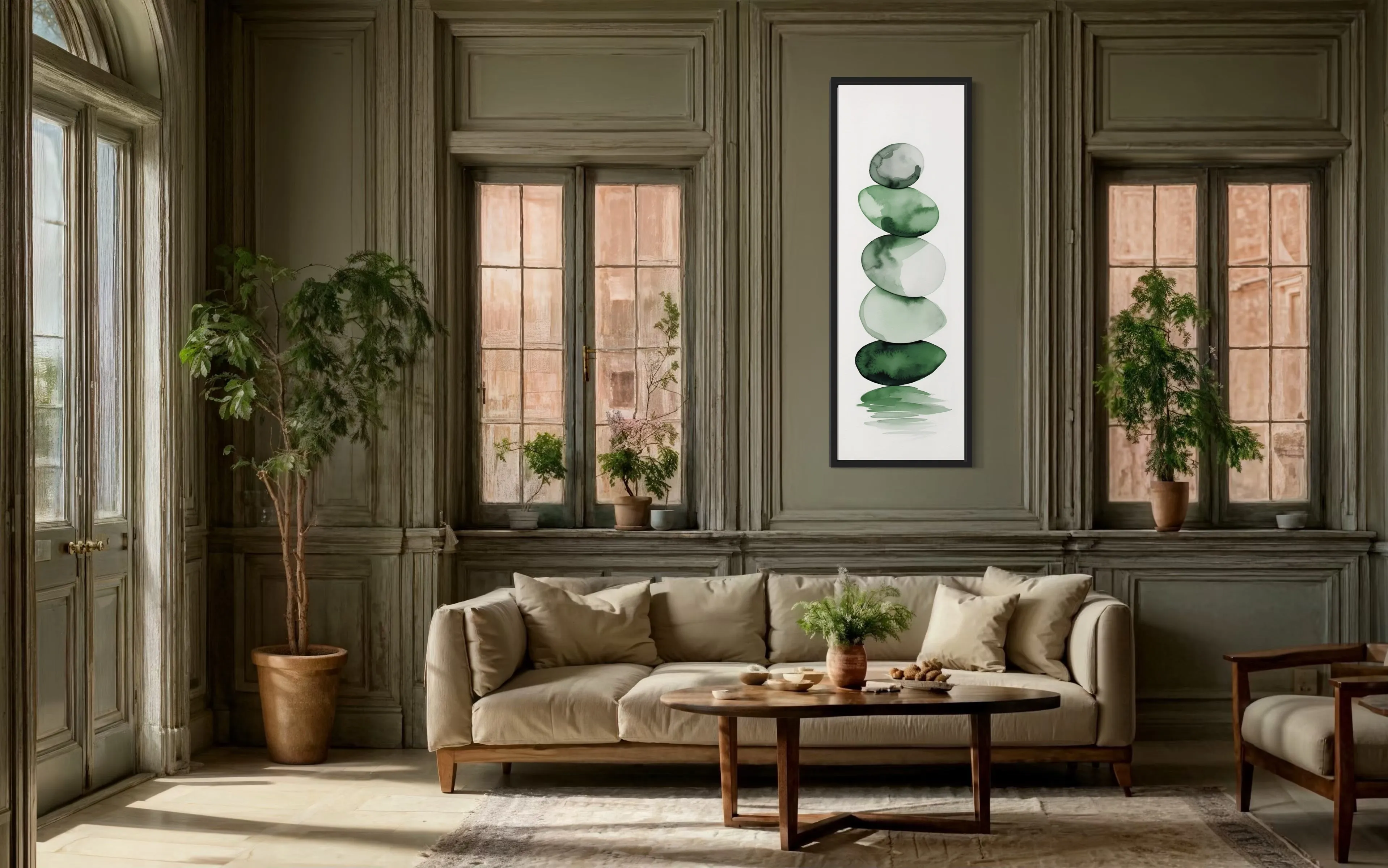 Tall Narrow Forest Green White Stacked Rocks Vertical Framed Canvas Wall Art