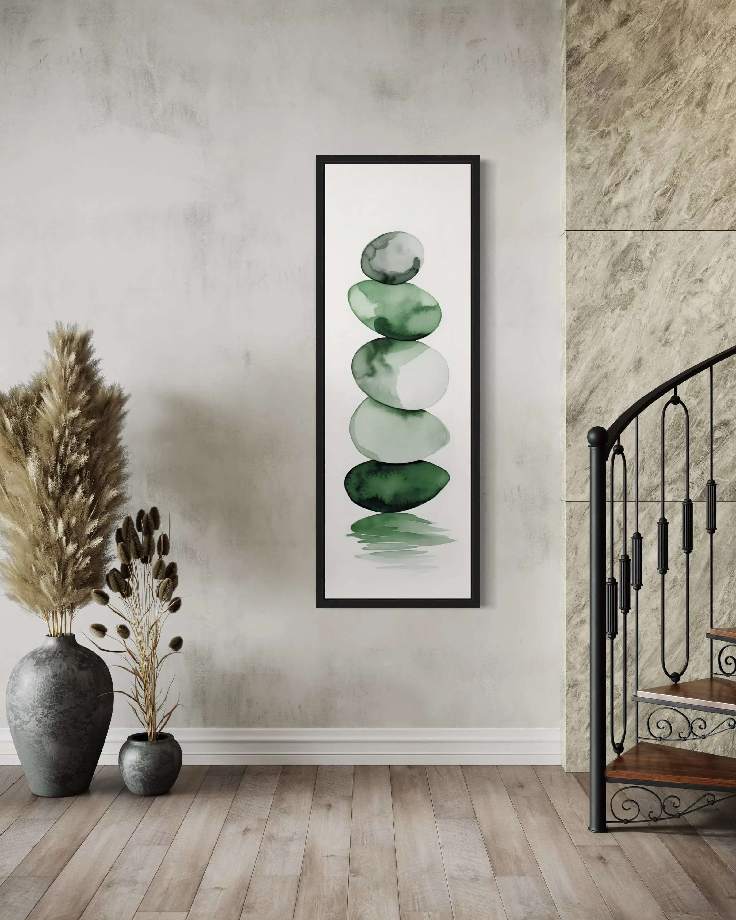 Tall Narrow Forest Green White Stacked Rocks Vertical Framed Canvas Wall Art