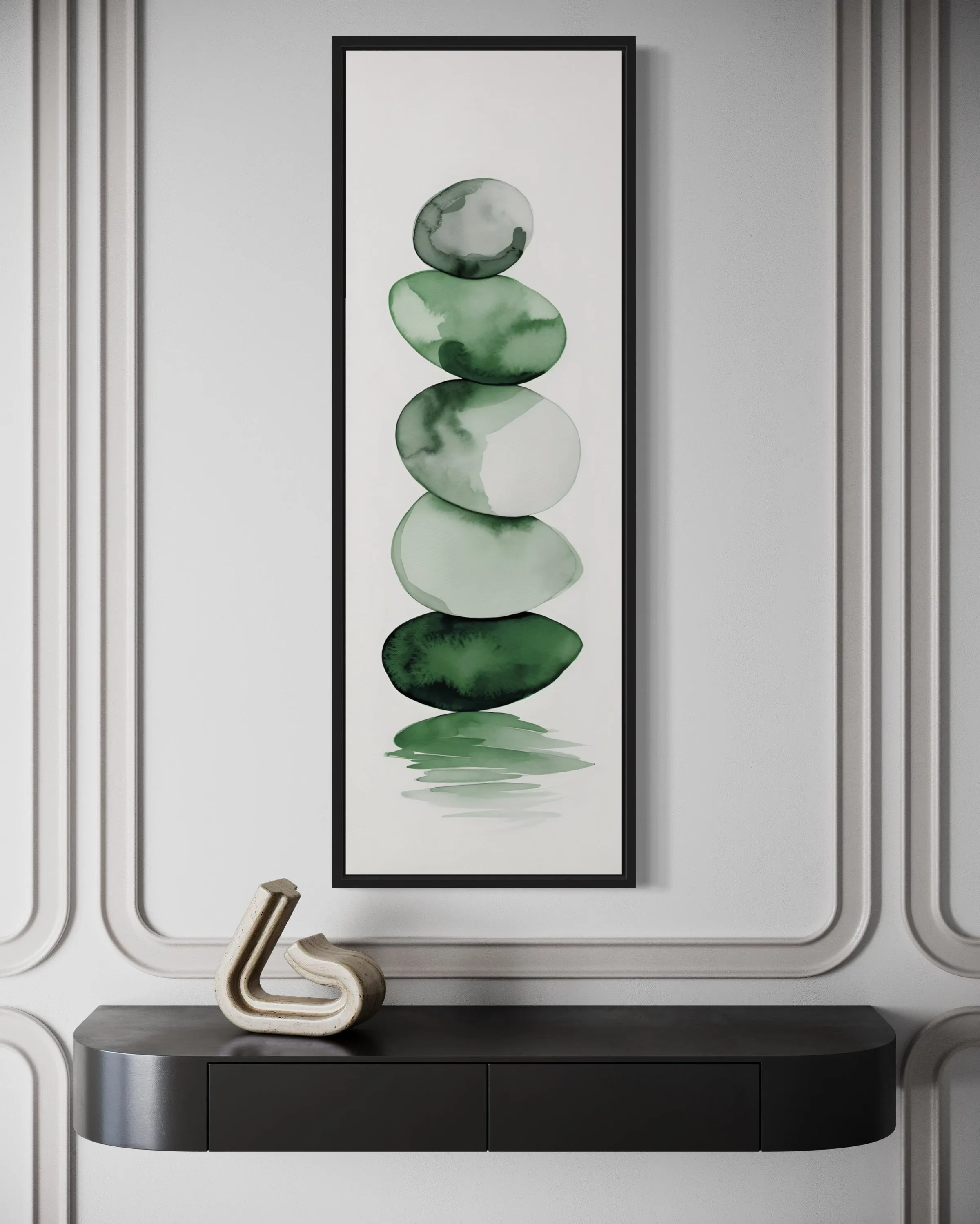 Tall Narrow Forest Green White Stacked Rocks Vertical Framed Canvas Wall Art