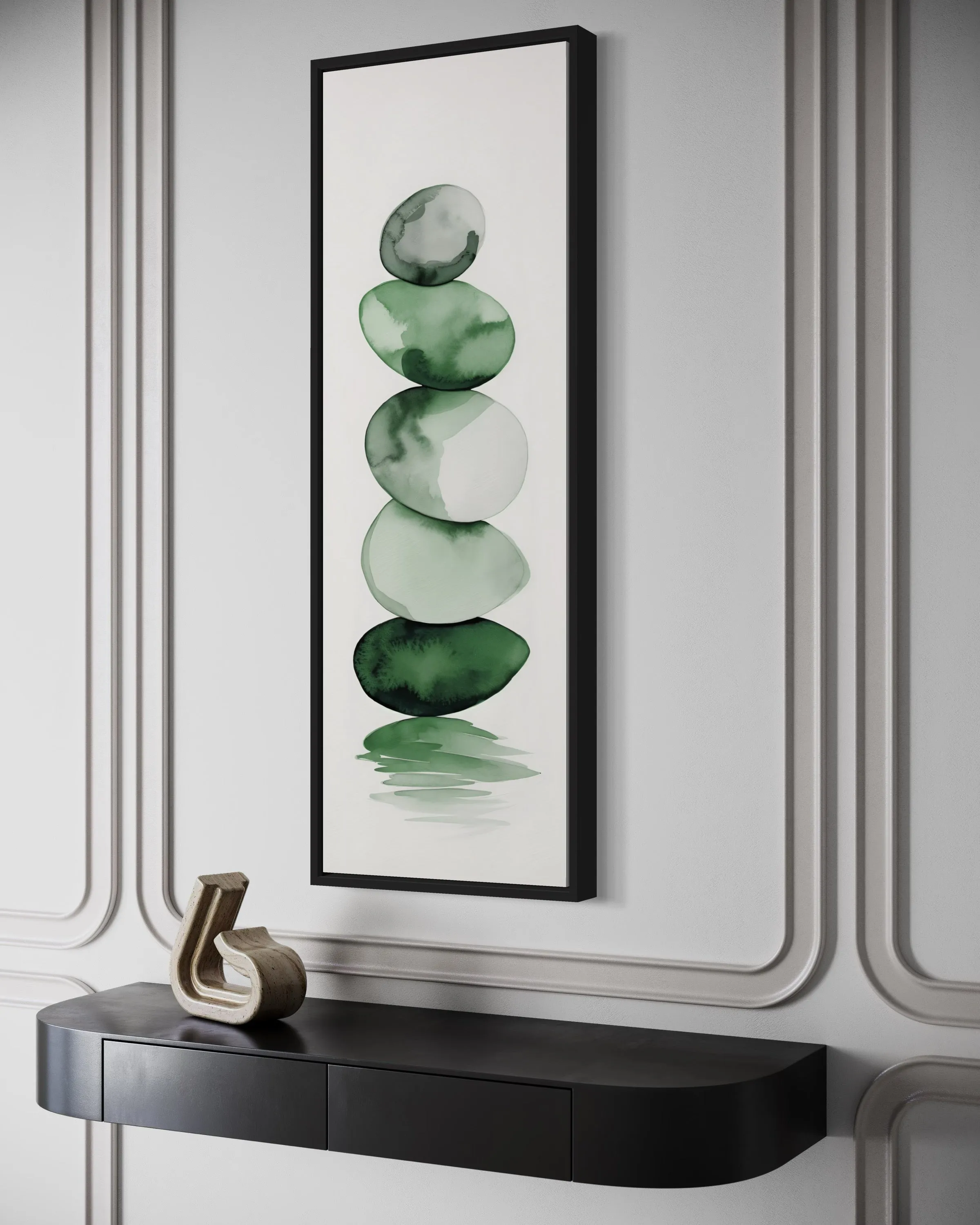 Tall Narrow Forest Green White Stacked Rocks Vertical Framed Canvas Wall Art