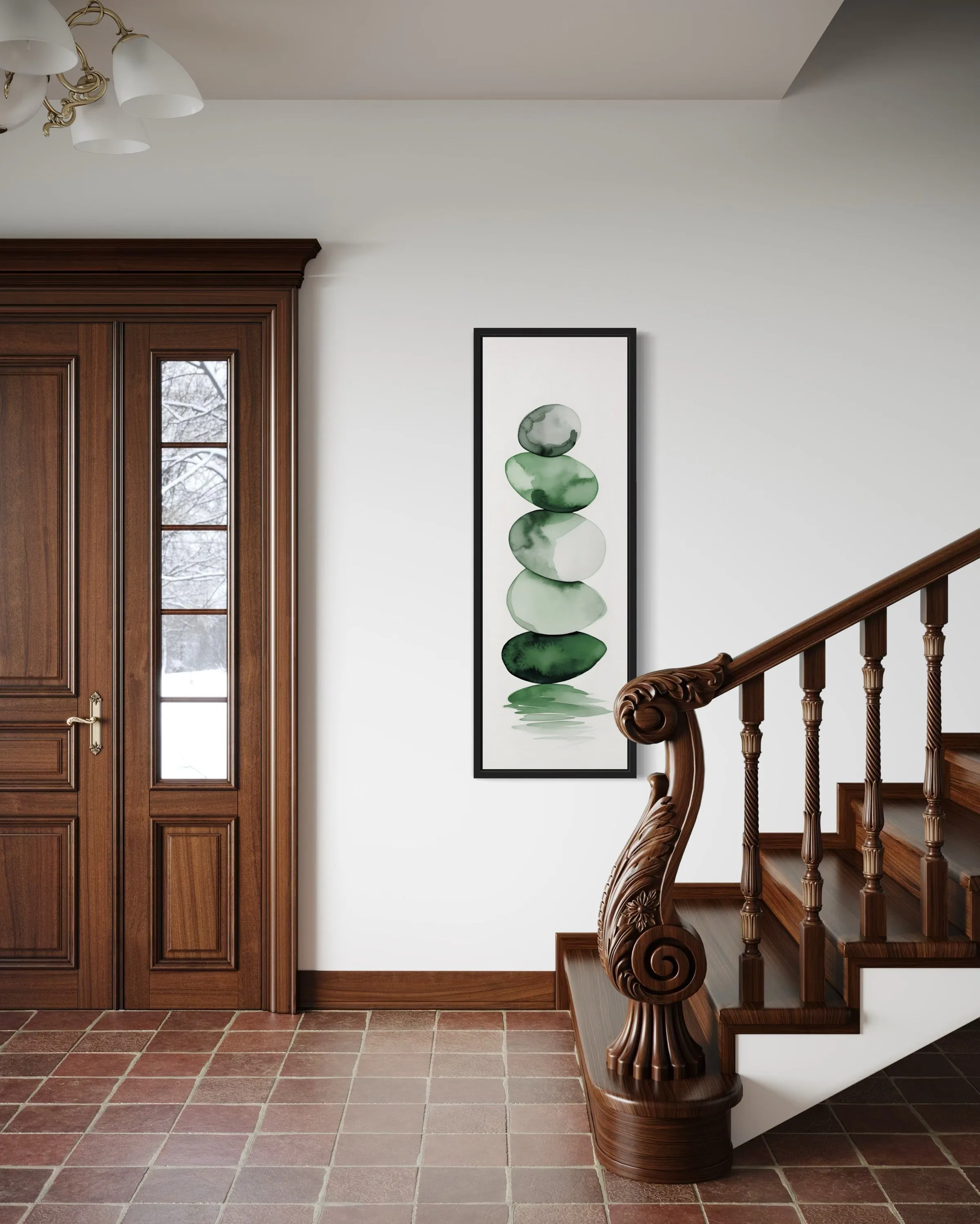 Tall Narrow Forest Green White Stacked Rocks Vertical Framed Canvas Wall Art