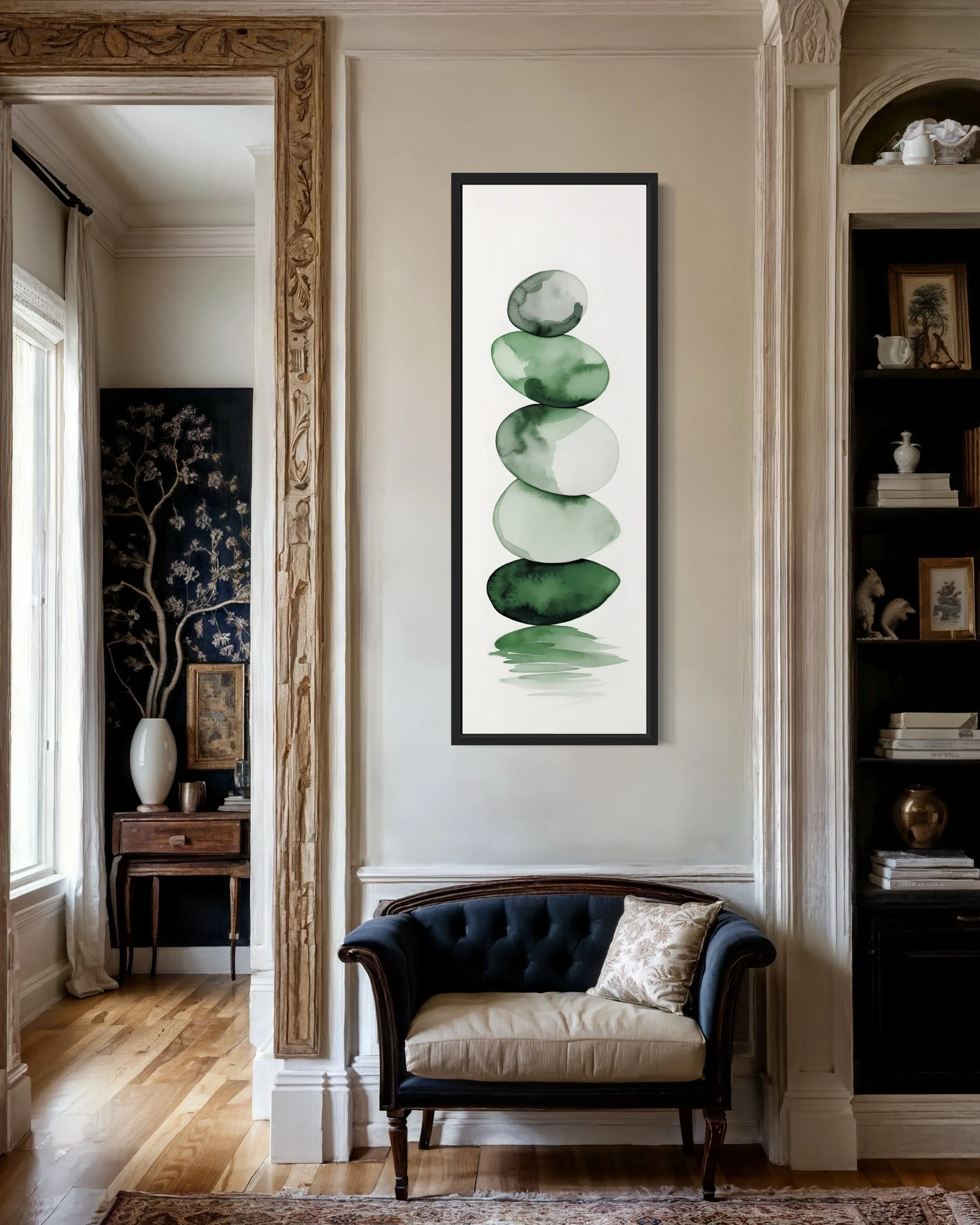 Tall Narrow Forest Green White Stacked Rocks Vertical Framed Canvas Wall Art
