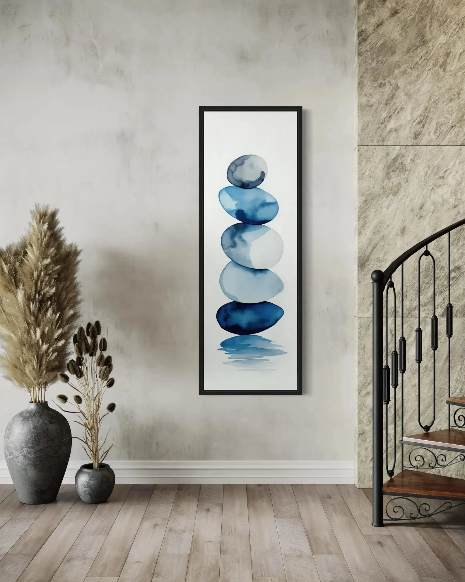 Tall Narrow Navy Blue White Stacked Rocks Vertical Framed Canvas Wall Art