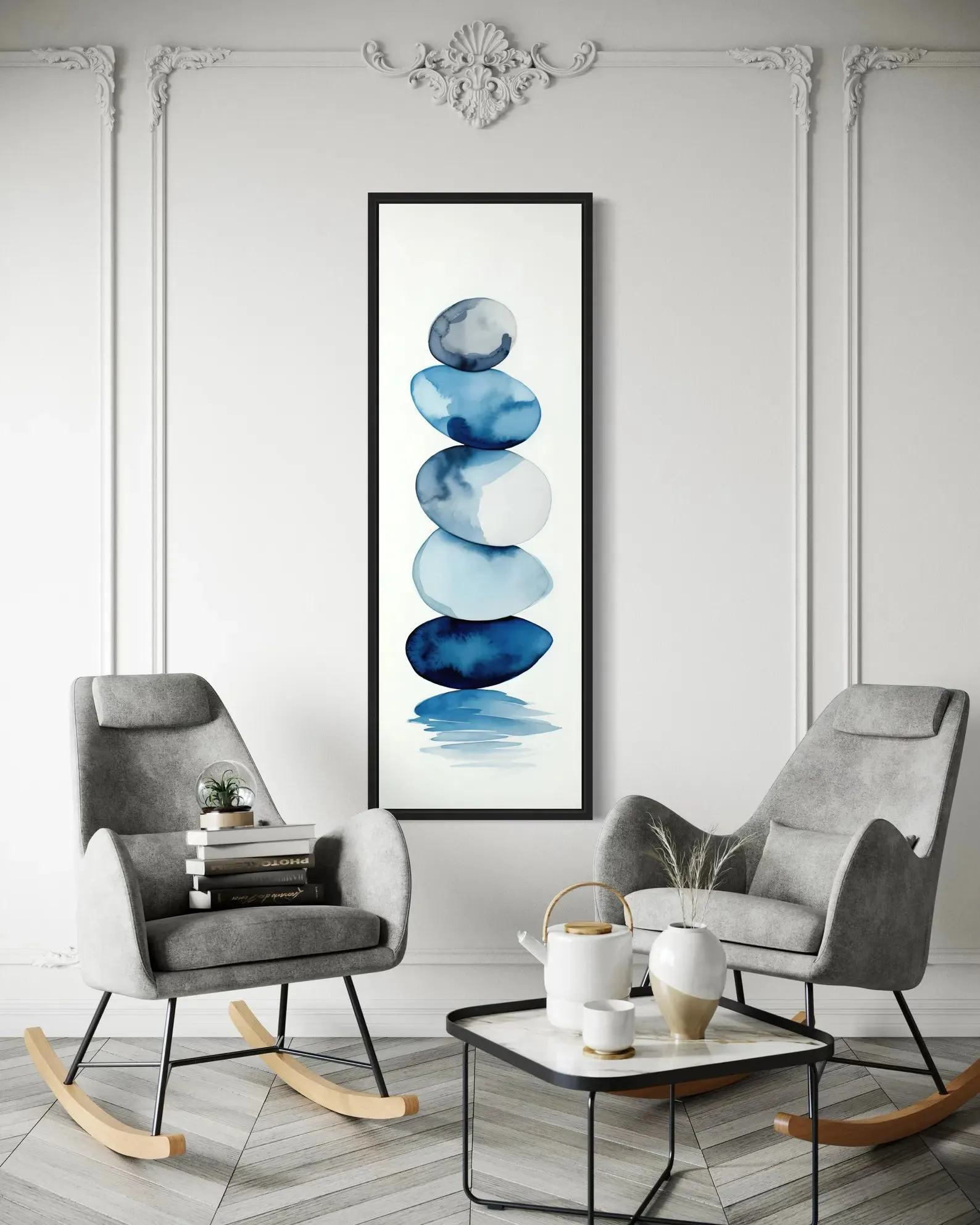Tall Narrow Navy Blue White Stacked Rocks Vertical Framed Canvas Wall Art
