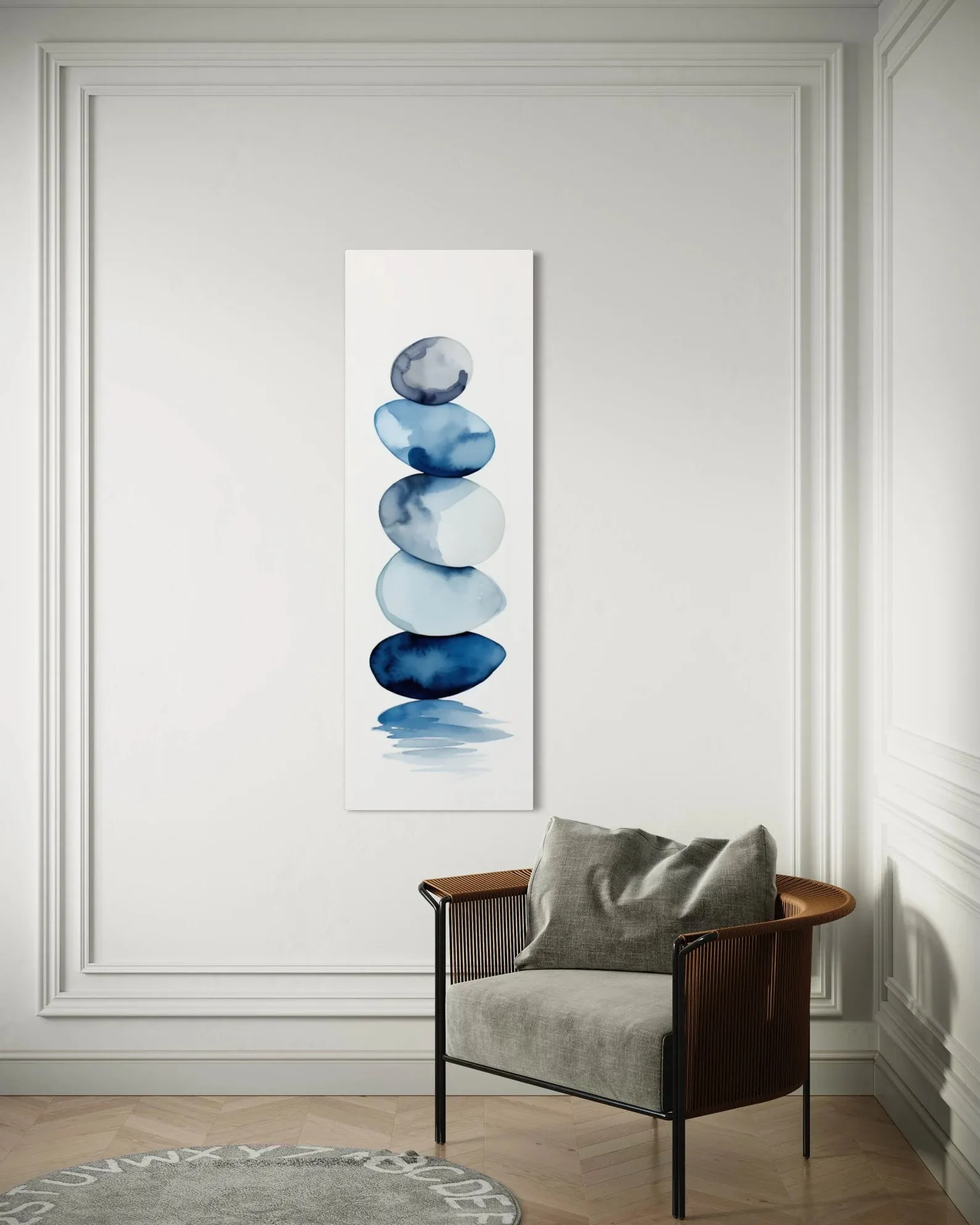 Tall Narrow Navy Blue White Stacked Rocks Vertical Framed Canvas Wall Art