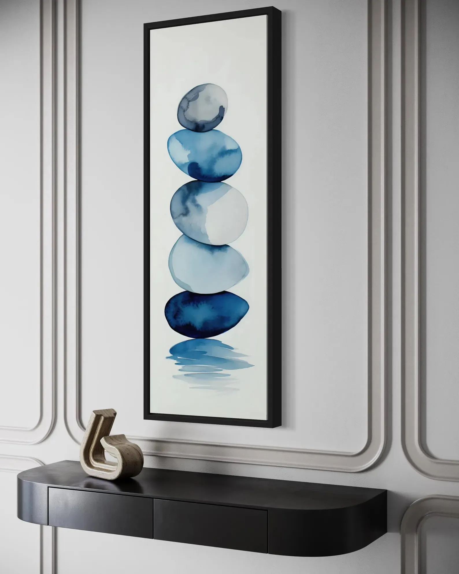 Tall Narrow Navy Blue White Stacked Rocks Vertical Framed Canvas Wall Art