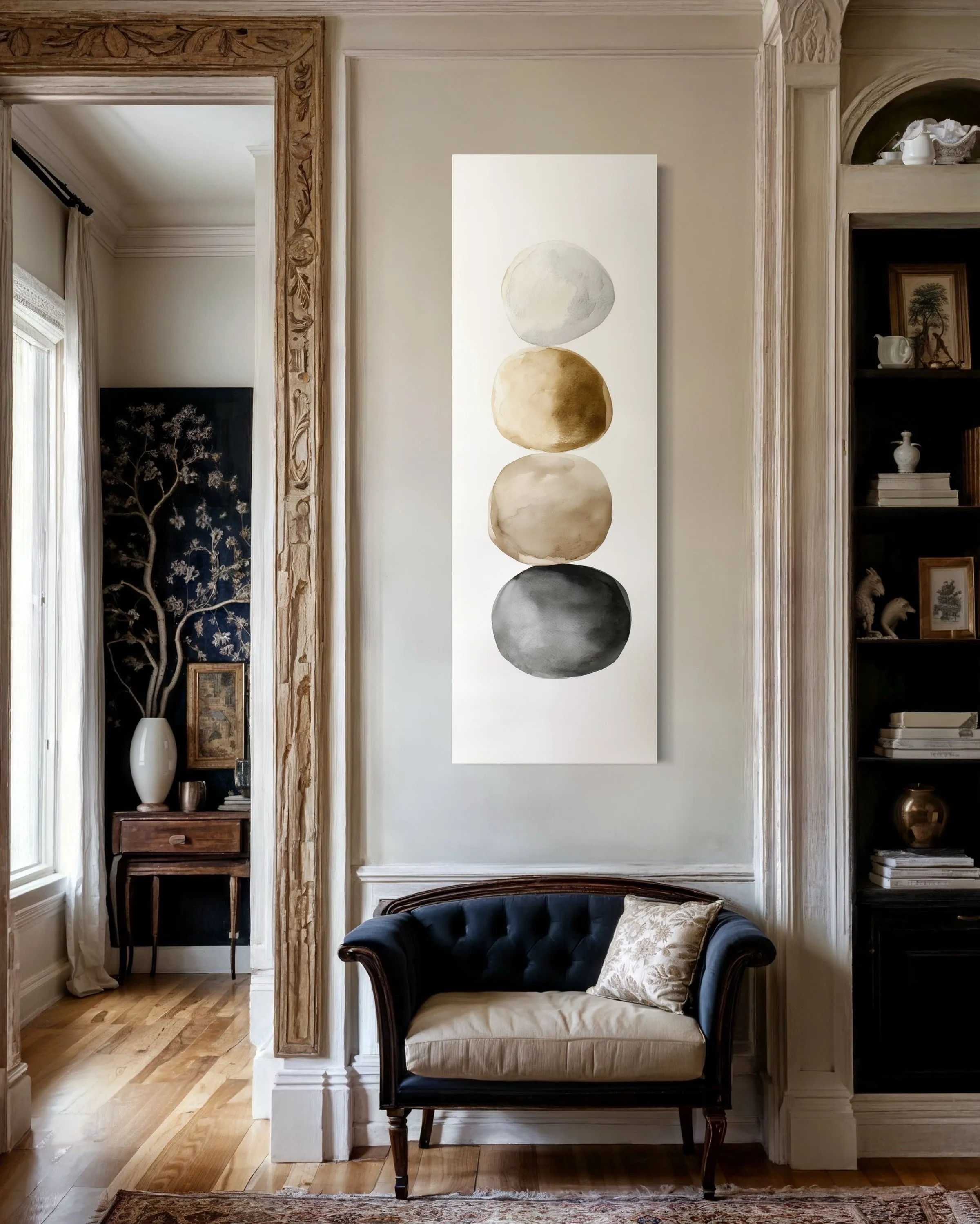 Tall Narrow Neutral Stacked Rocks Zen Vertical Framed Canvas Wall Art