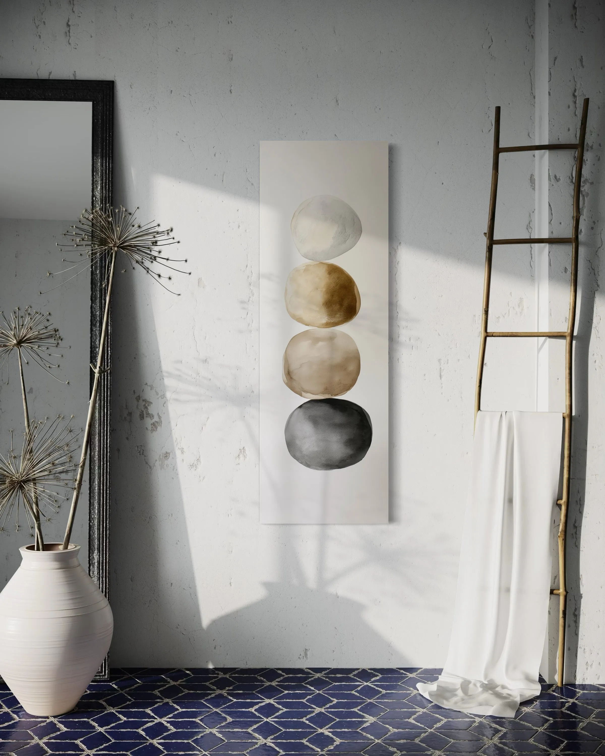 Tall Narrow Neutral Stacked Rocks Zen Vertical Framed Canvas Wall Art