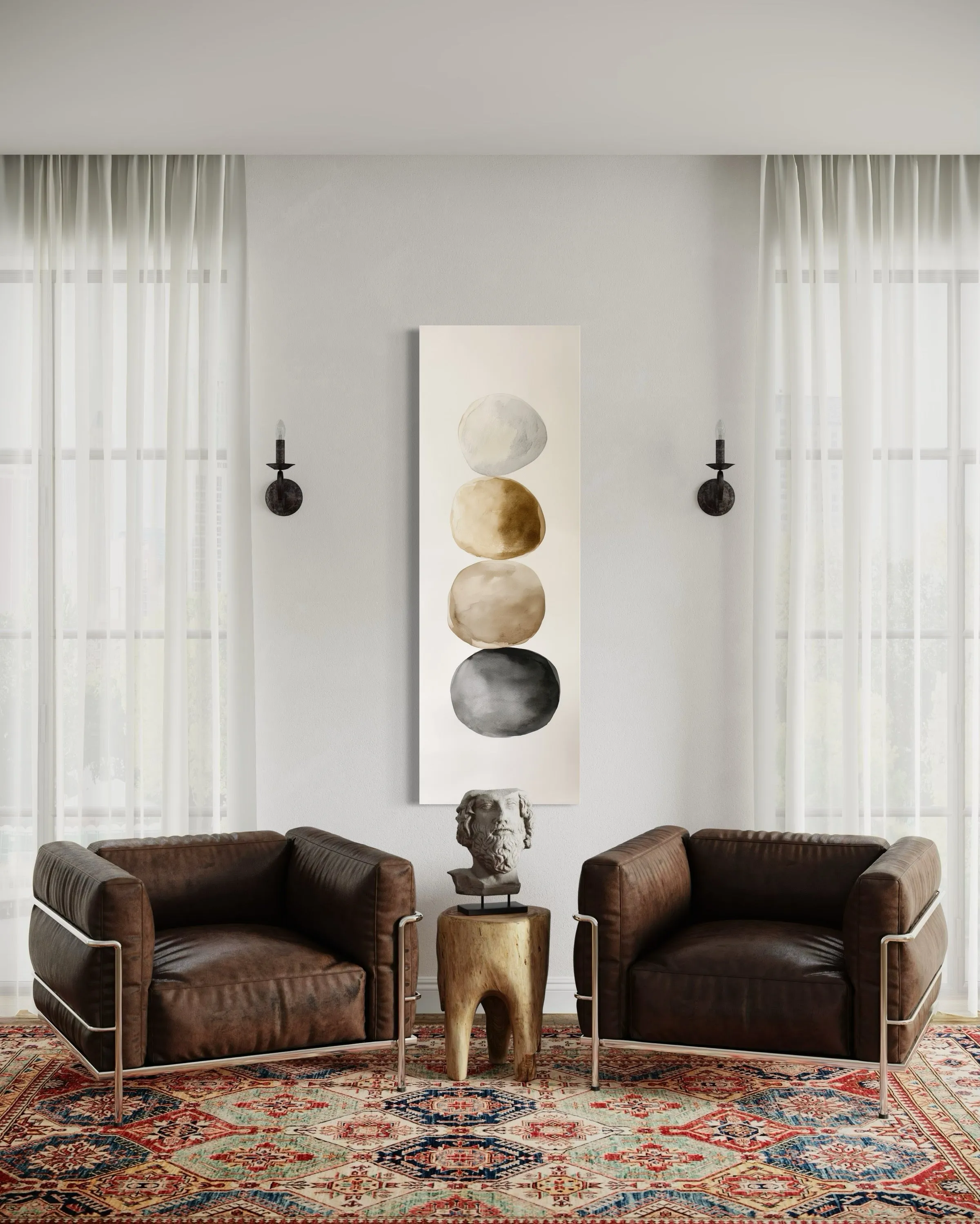 Tall Narrow Neutral Stacked Rocks Zen Vertical Framed Canvas Wall Art