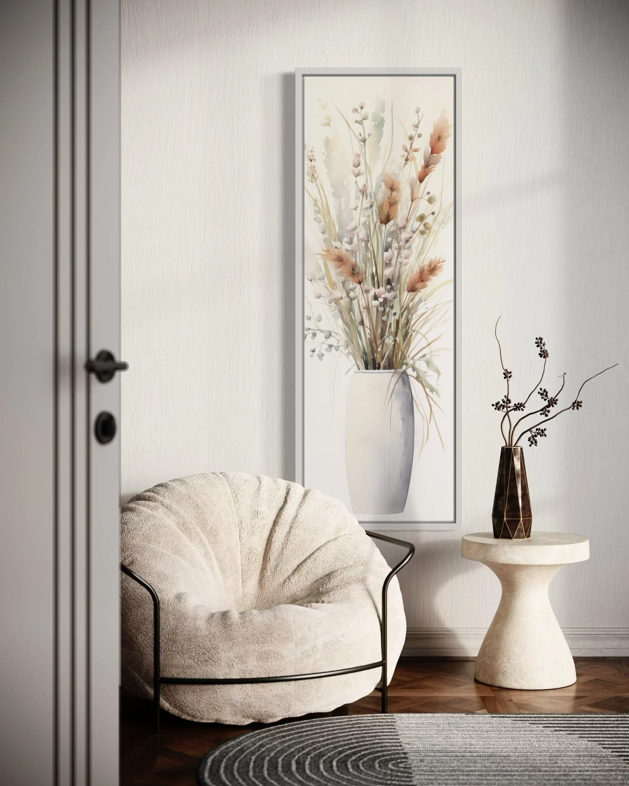 Tall Narrow Pussy Willows Neutral Vertical Wall Art