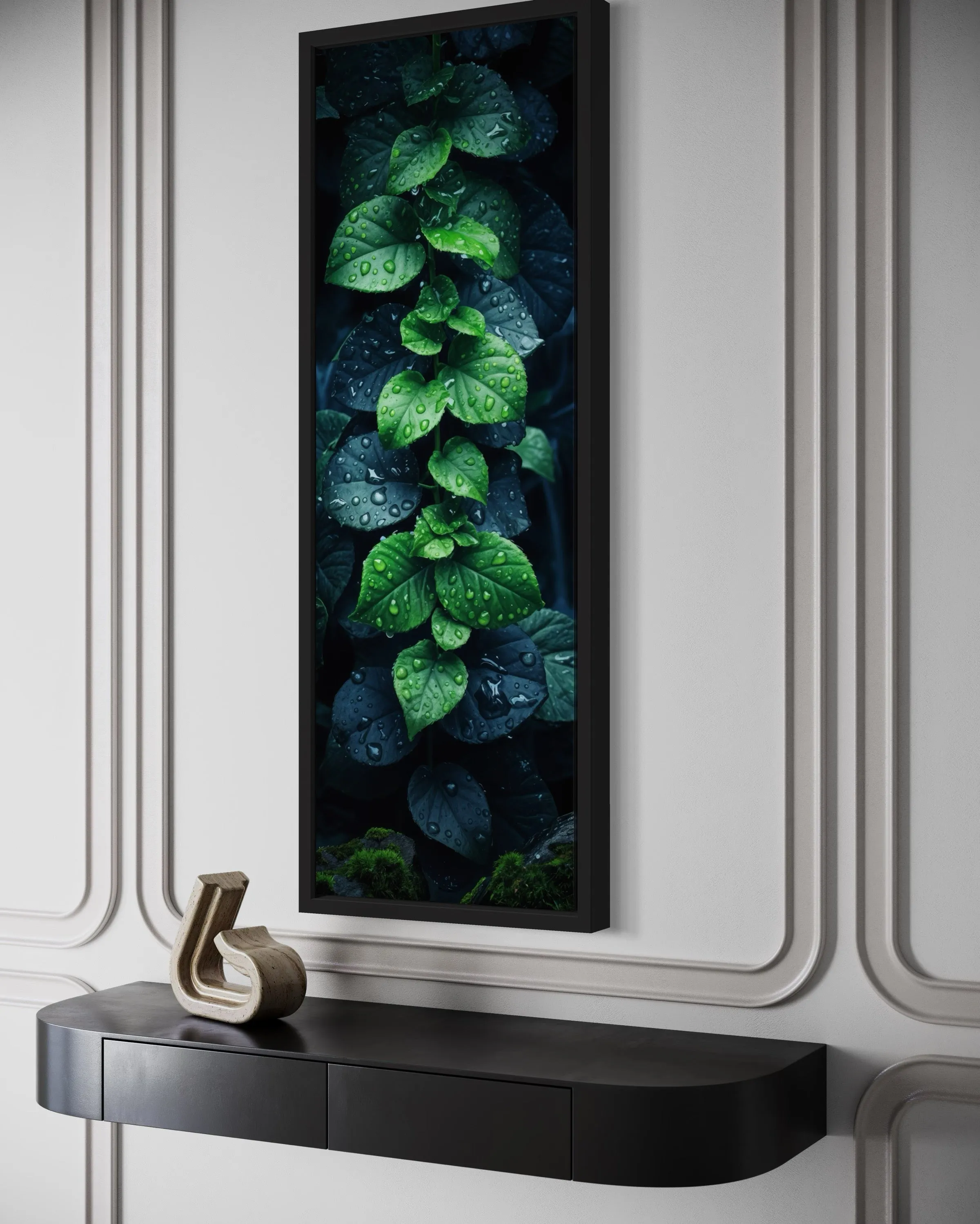 Tall Narrow Vertical Green Leaves Framed Canvas Wall Art