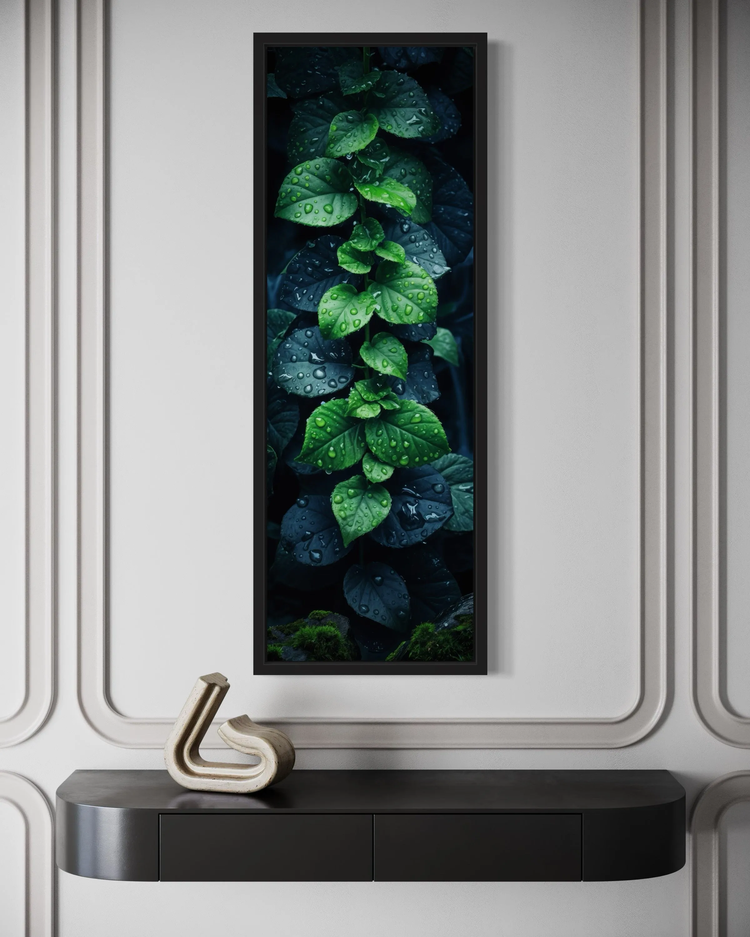 Tall Narrow Vertical Green Leaves Framed Canvas Wall Art