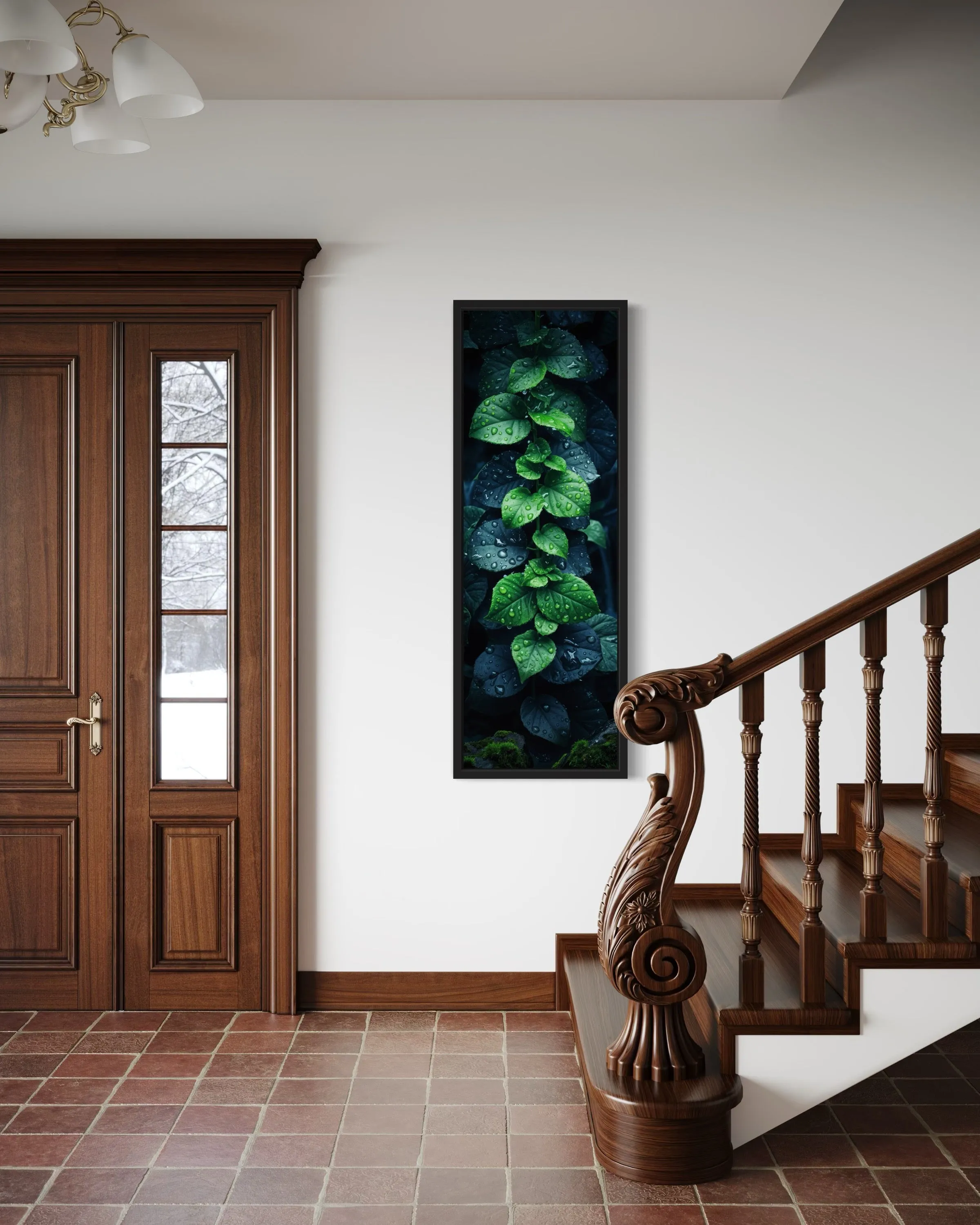 Tall Narrow Vertical Green Leaves Framed Canvas Wall Art