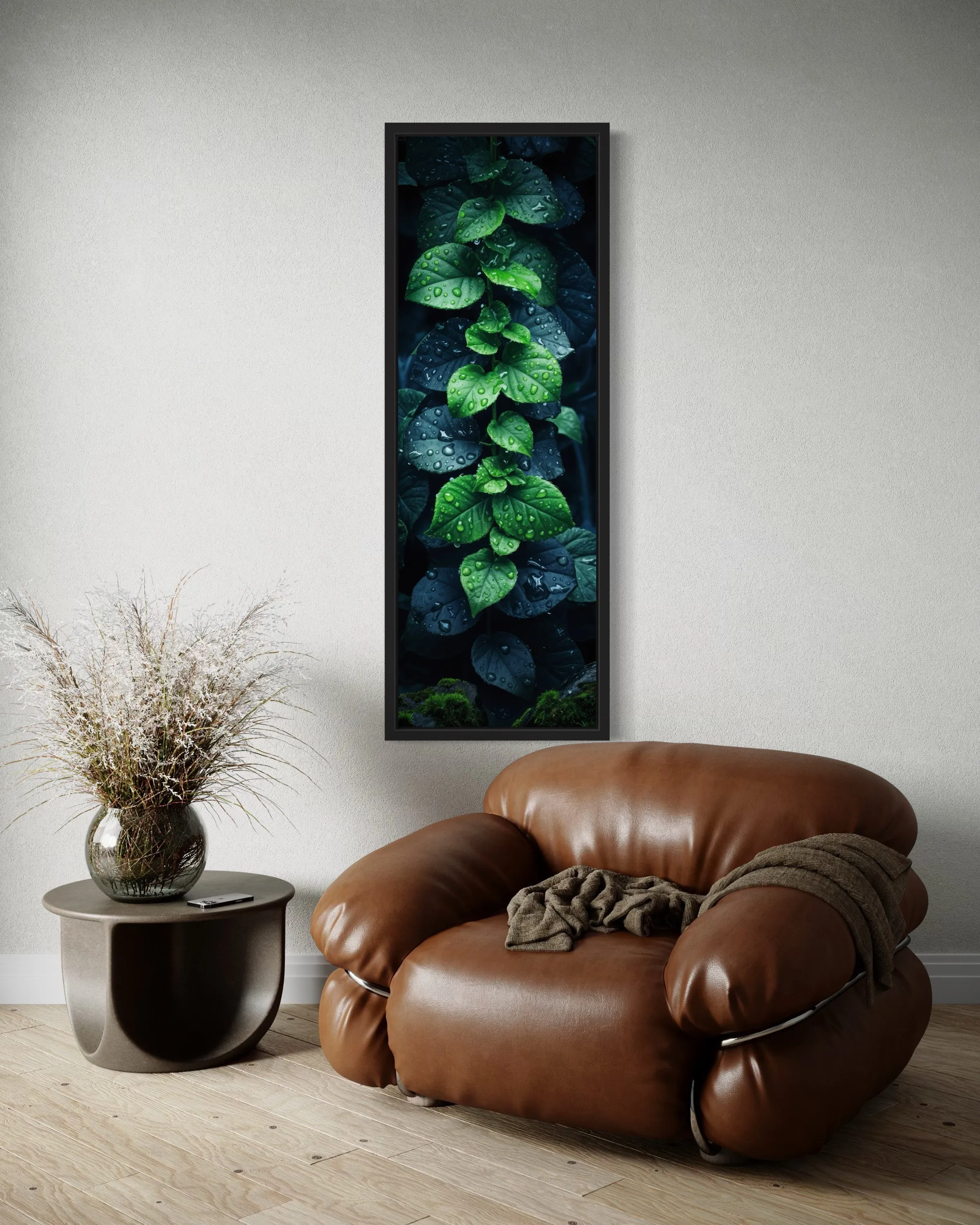 Tall Narrow Vertical Green Leaves Framed Canvas Wall Art