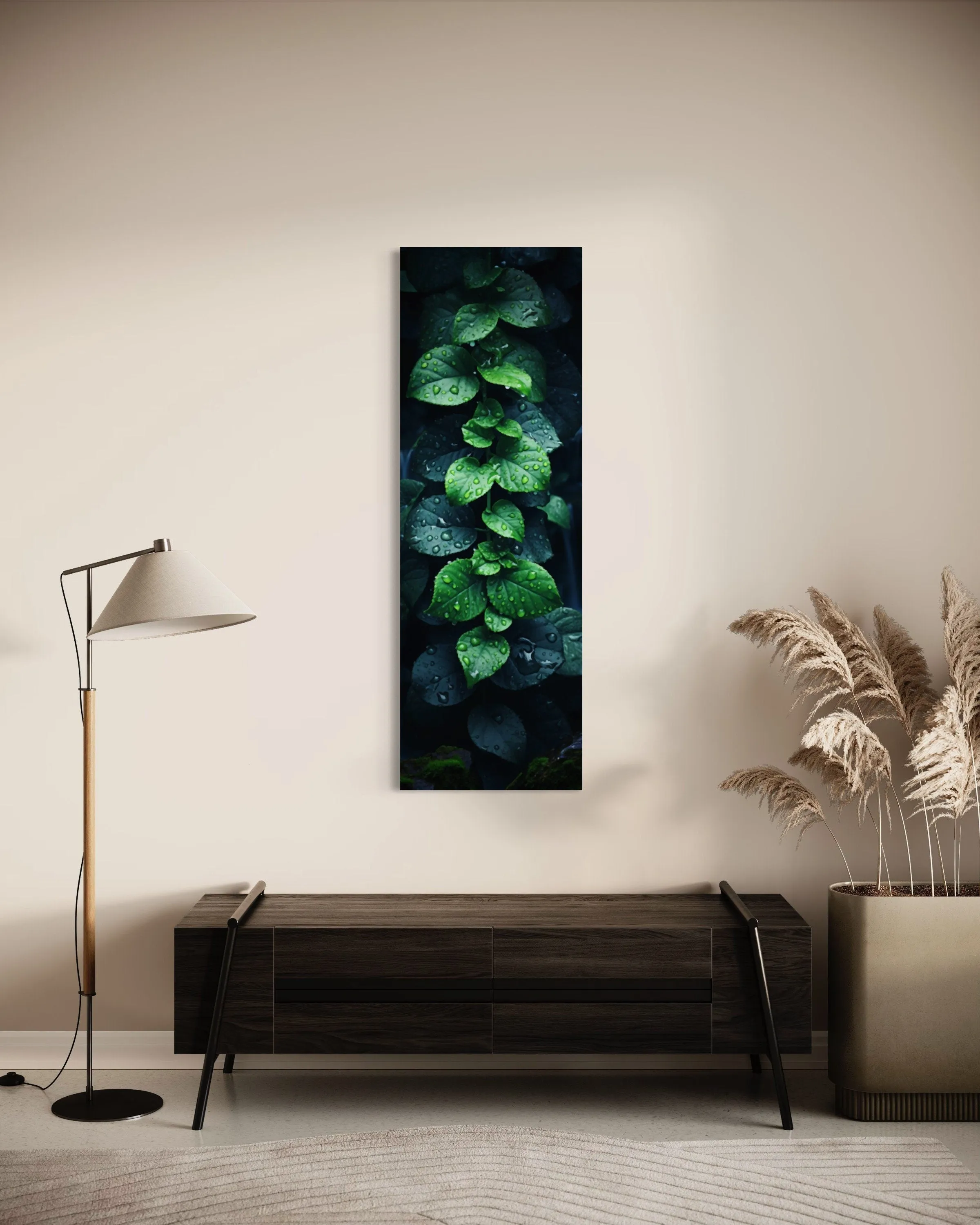 Tall Narrow Vertical Green Leaves Framed Canvas Wall Art