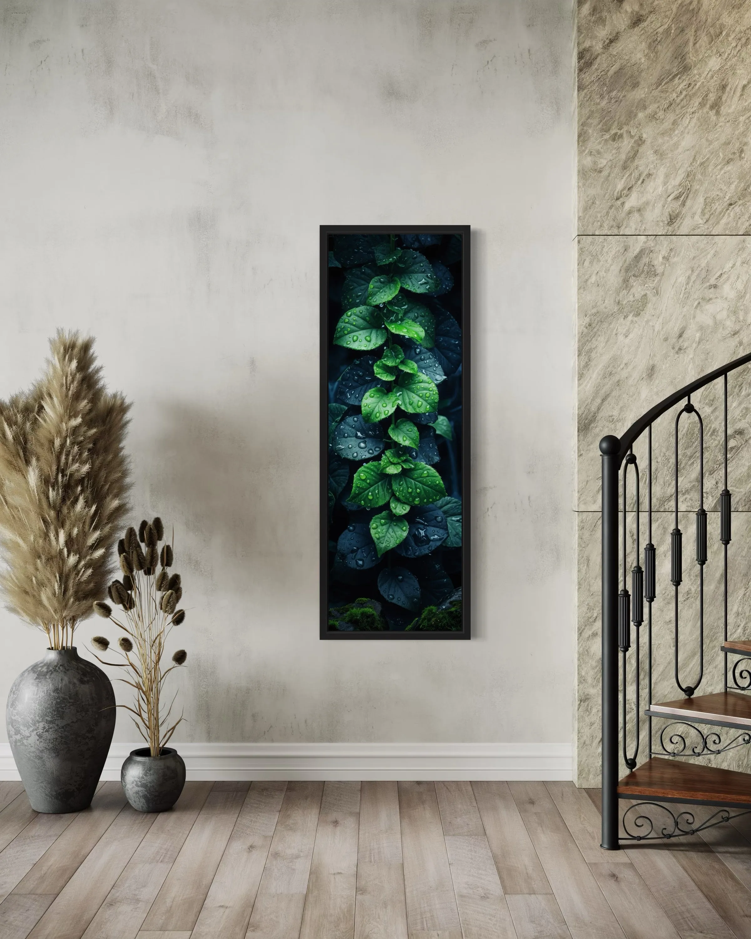 Tall Narrow Vertical Green Leaves Framed Canvas Wall Art