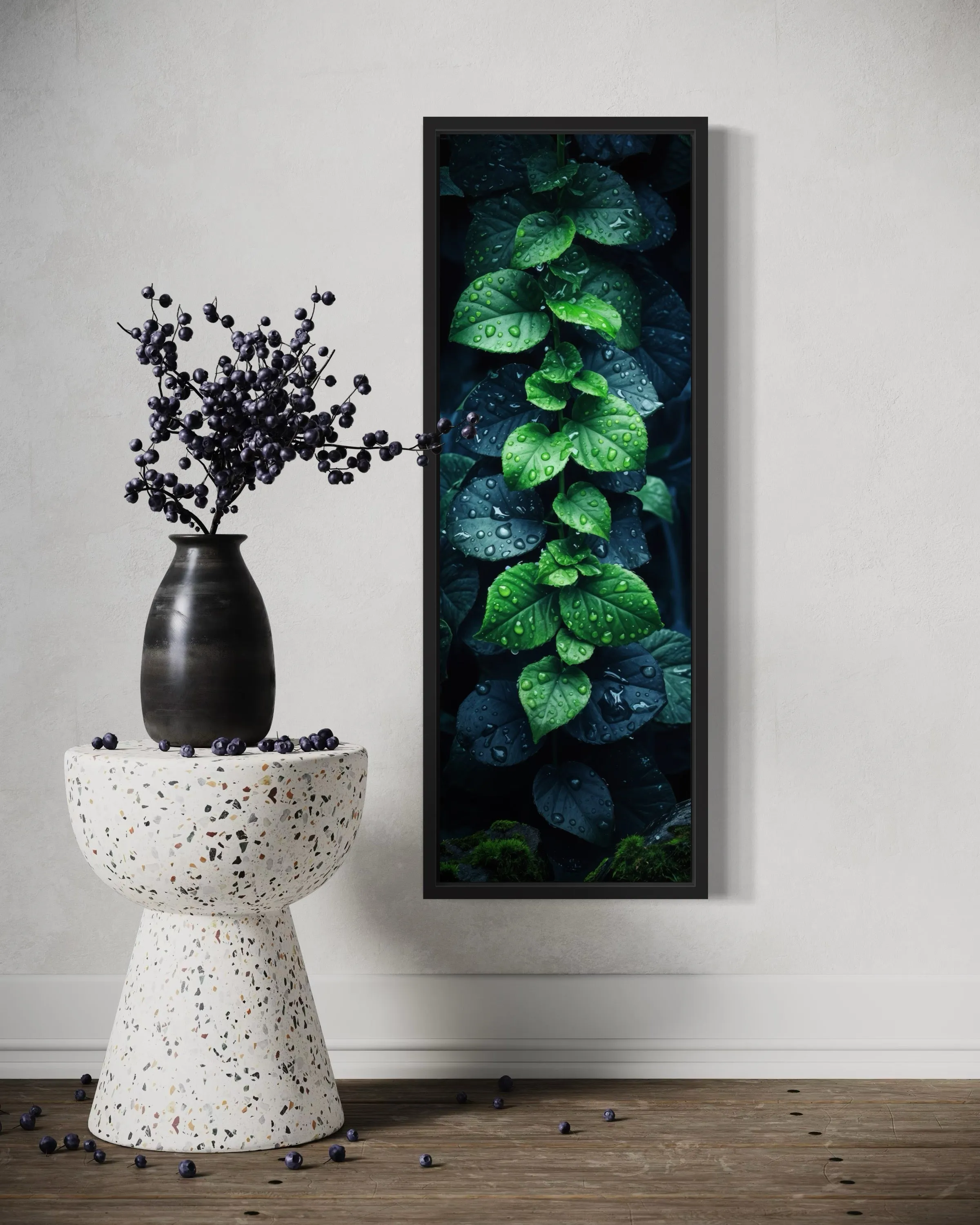 Tall Narrow Vertical Green Leaves Framed Canvas Wall Art