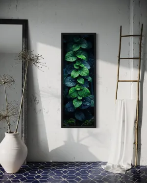 Tall Narrow Vertical Green Leaves Framed Canvas Wall Art