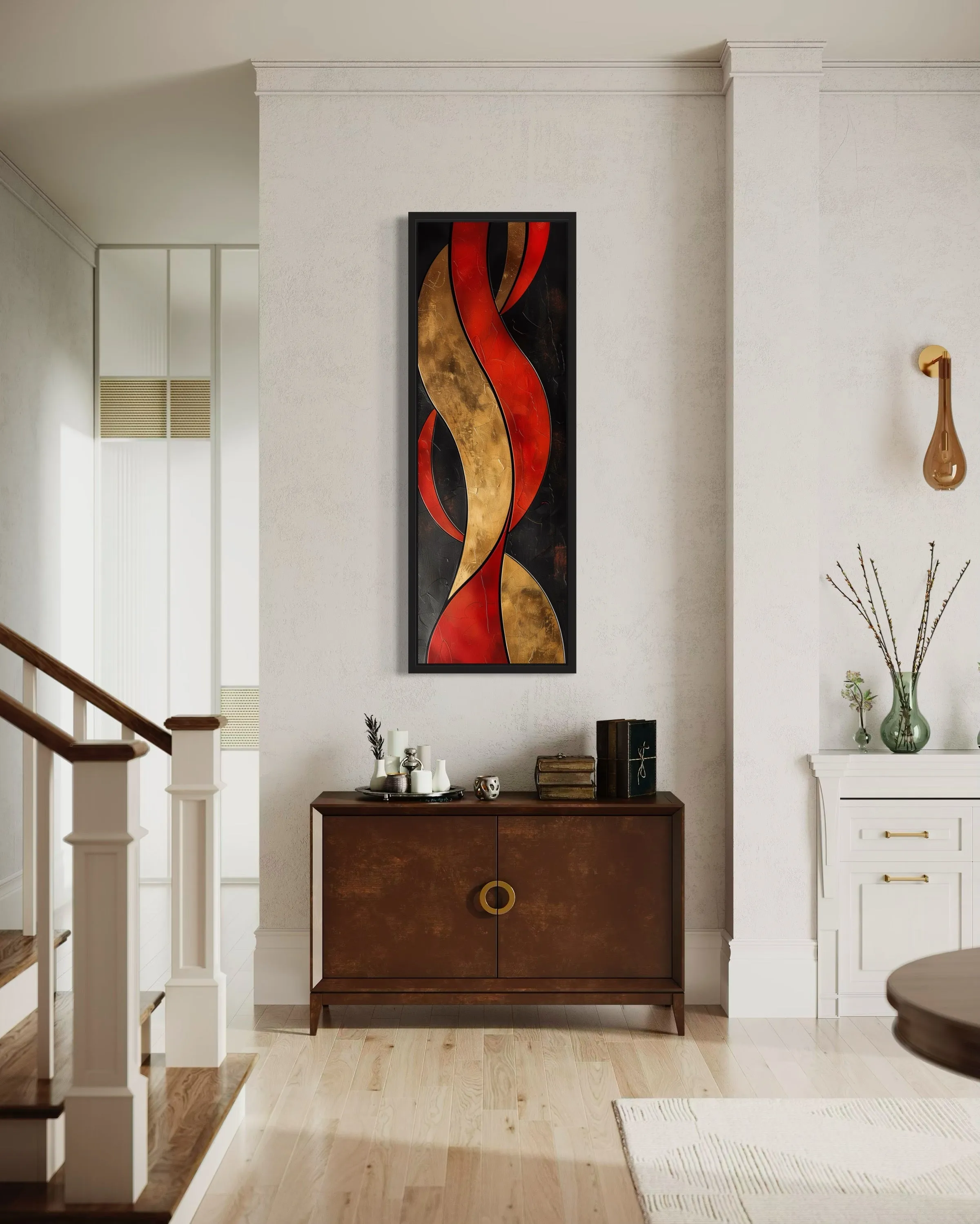 Tall Thin Vertical Red Gold Black Geometric Abstract Framed Canvas Wall Art