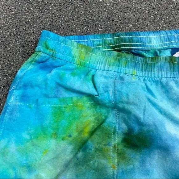 Tie dye 3XL shorts linen rayon pockets blue green underwater ocean plus