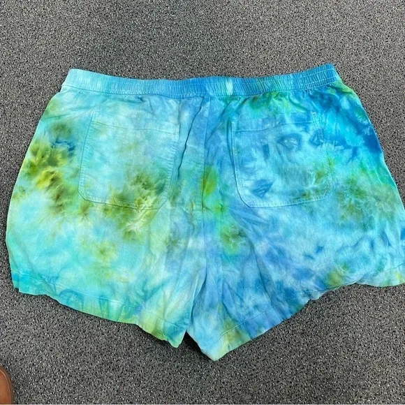 Tie dye 3XL shorts linen rayon pockets blue green underwater ocean plus