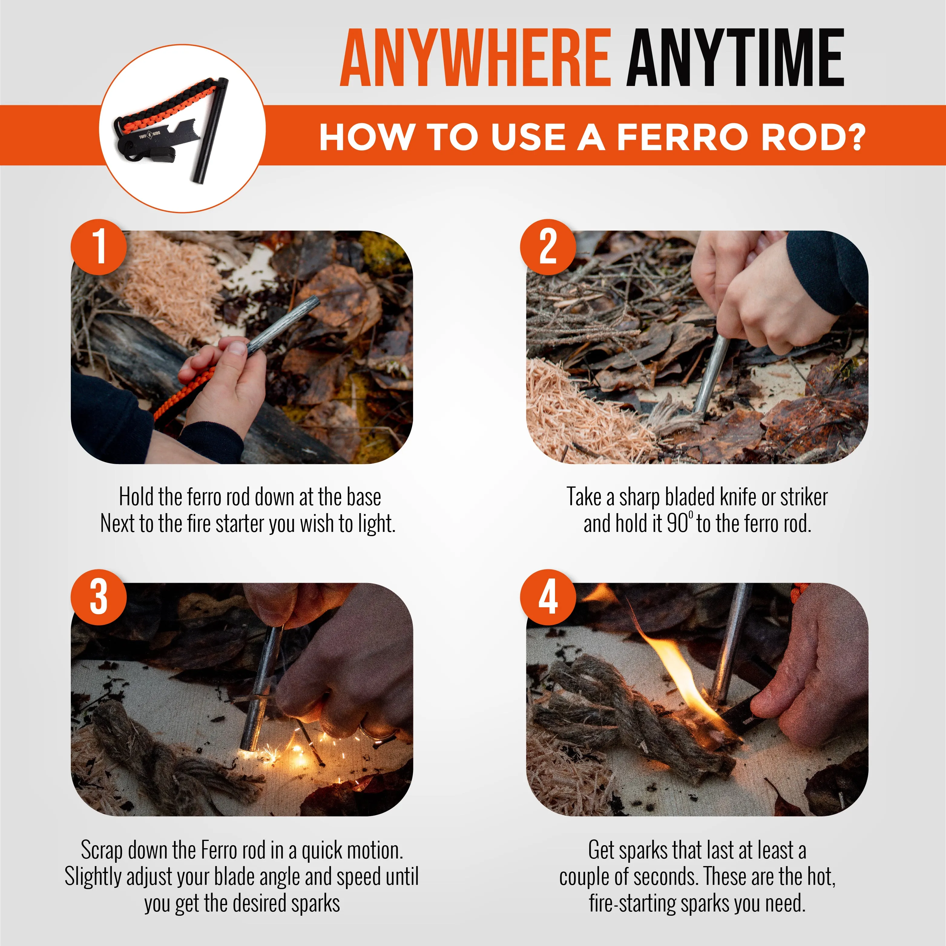 Tuff Kids Ferro Rod Ferrocerium Metal Match Fire Campfire Starter w Striker