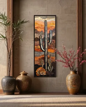 Vertical Tall Narrow Saguaro Cactus Layered Wood Style Framed Canvas Wall Art