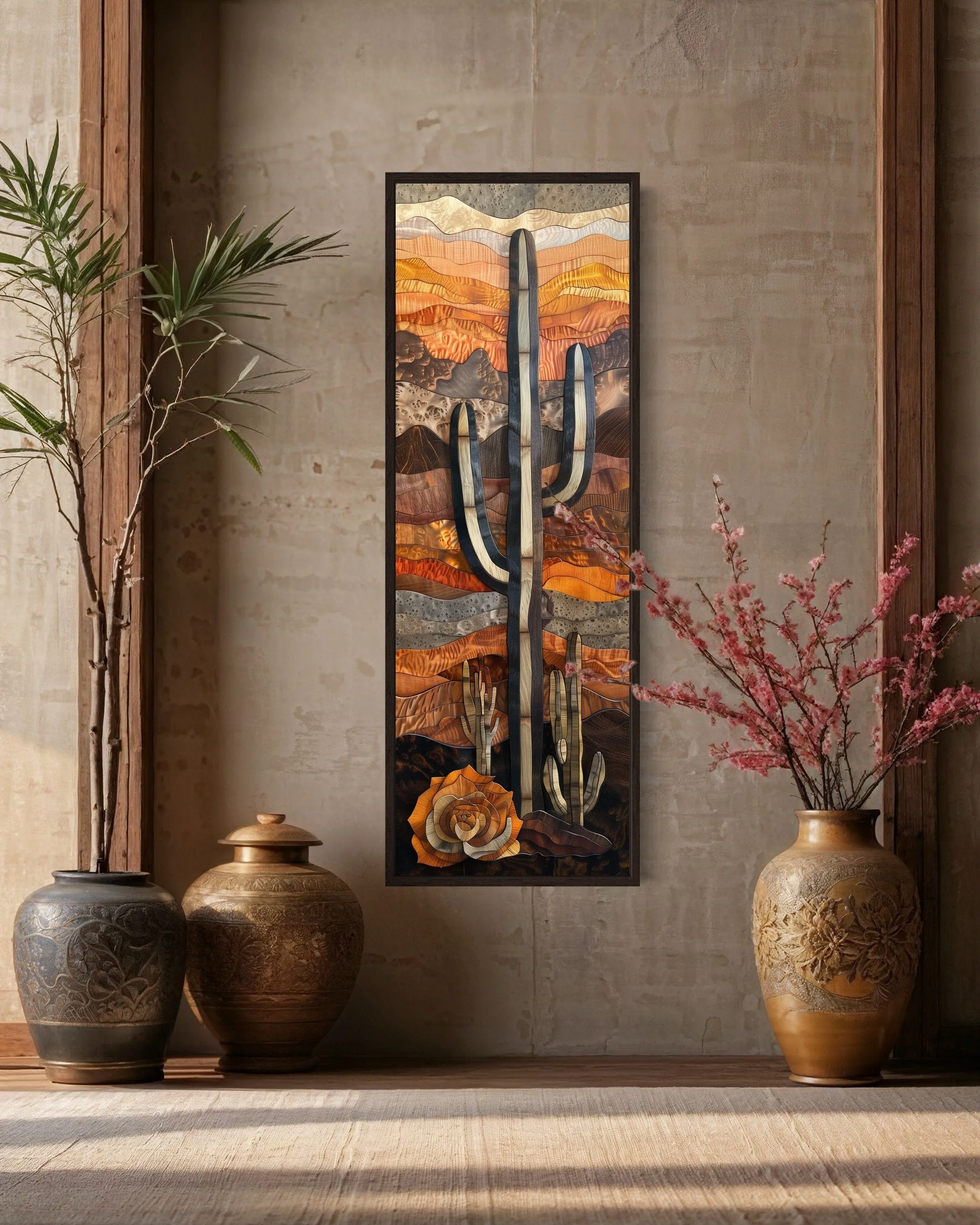 Vertical Tall Narrow Saguaro Cactus Layered Wood Style Framed Canvas Wall Art
