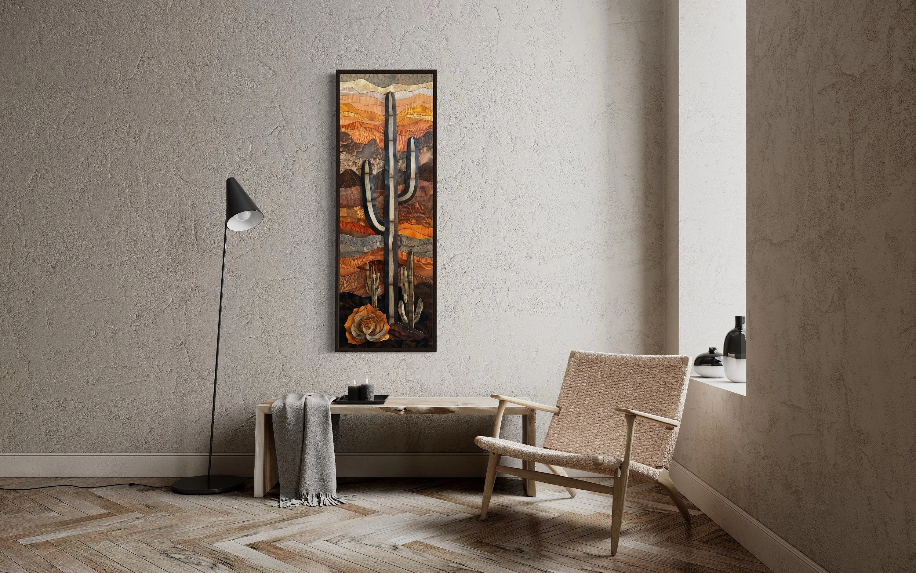 Vertical Tall Narrow Saguaro Cactus Layered Wood Style Framed Canvas Wall Art