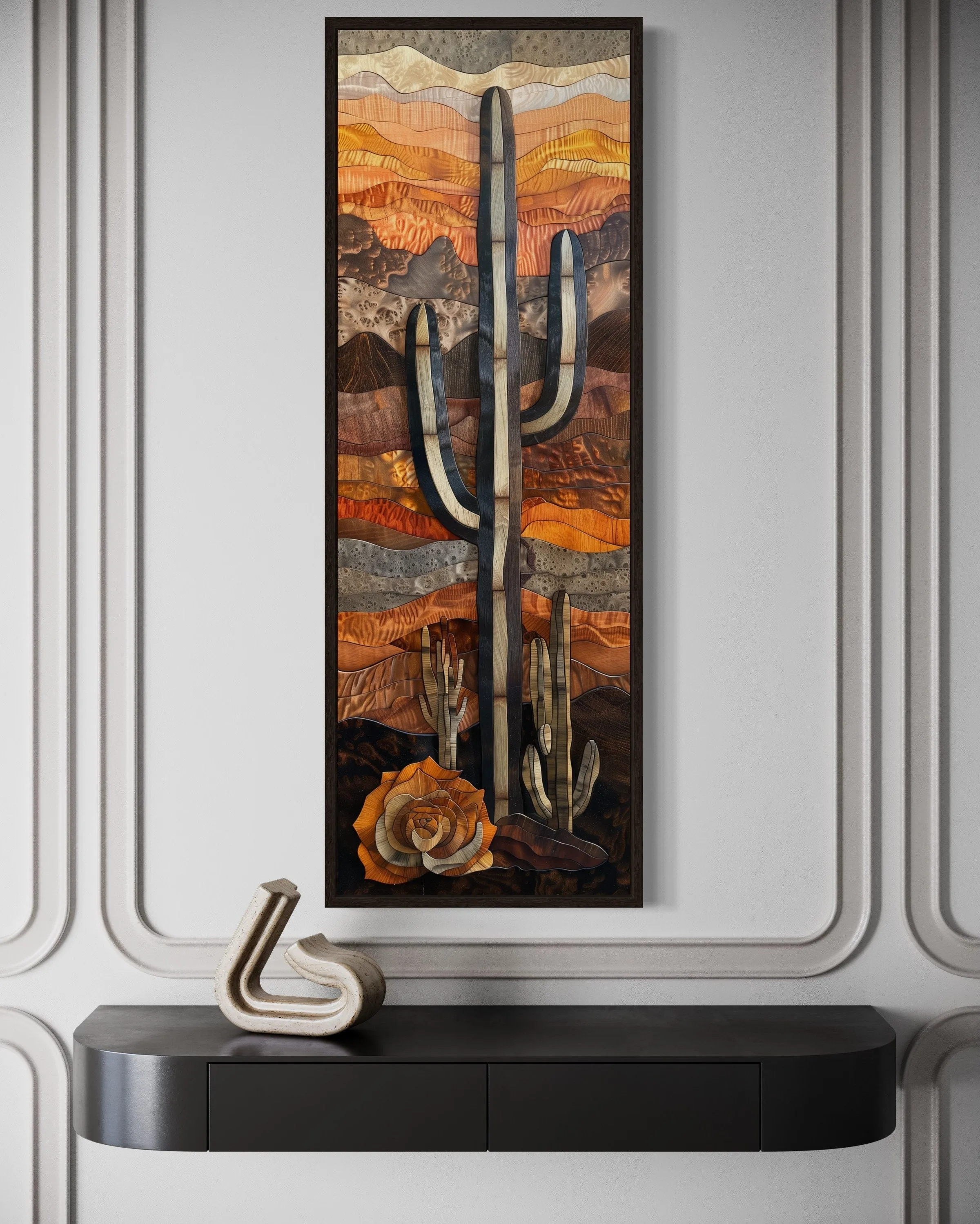 Vertical Tall Narrow Saguaro Cactus Layered Wood Style Framed Canvas Wall Art