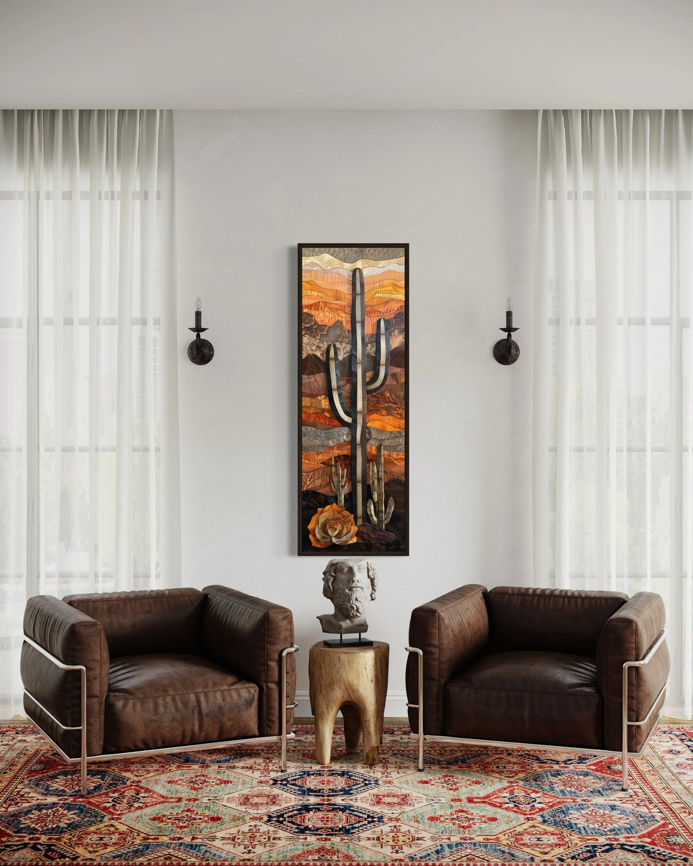 Vertical Tall Narrow Saguaro Cactus Layered Wood Style Framed Canvas Wall Art