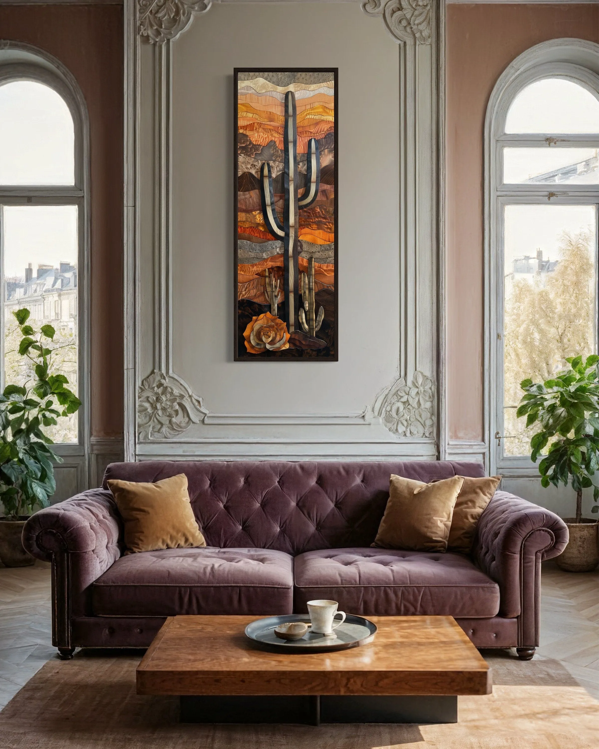 Vertical Tall Narrow Saguaro Cactus Layered Wood Style Framed Canvas Wall Art