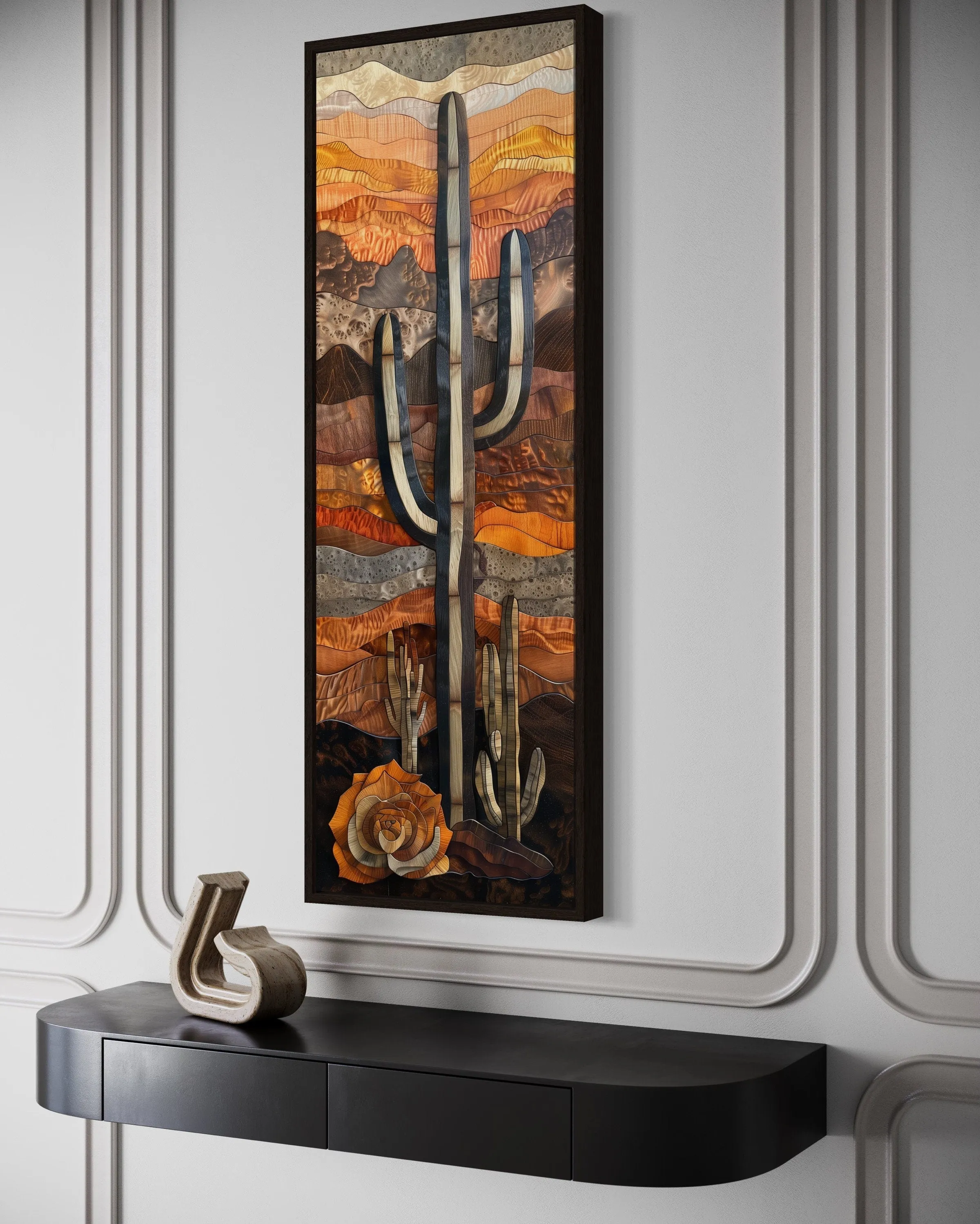 Vertical Tall Narrow Saguaro Cactus Layered Wood Style Framed Canvas Wall Art