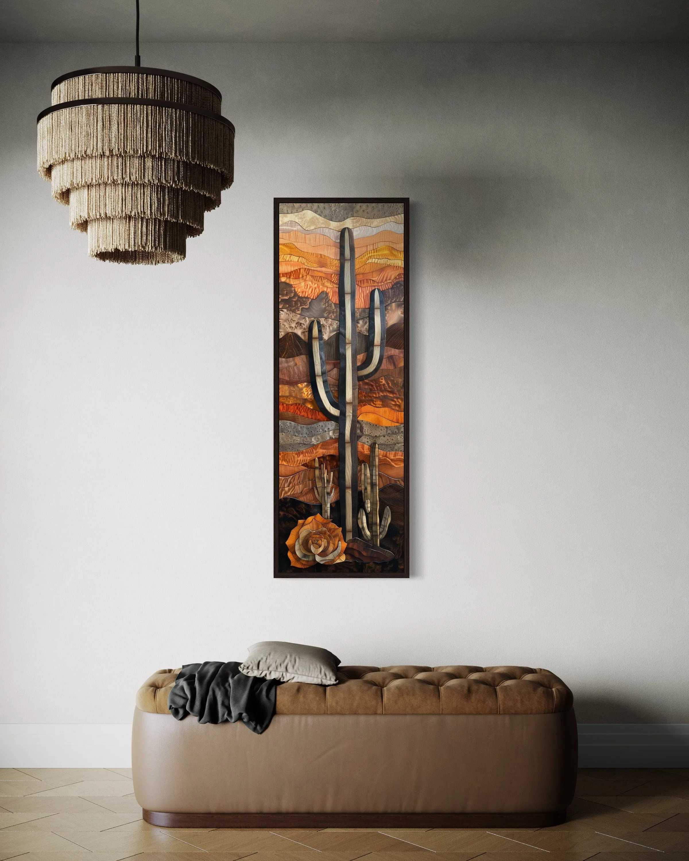 Vertical Tall Narrow Saguaro Cactus Layered Wood Style Framed Canvas Wall Art
