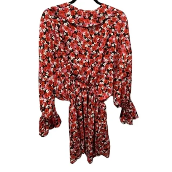 VICI Floral Long Sleeved Ruffle Spring Mini Dress w Red, White &amp; Pink Flowers S