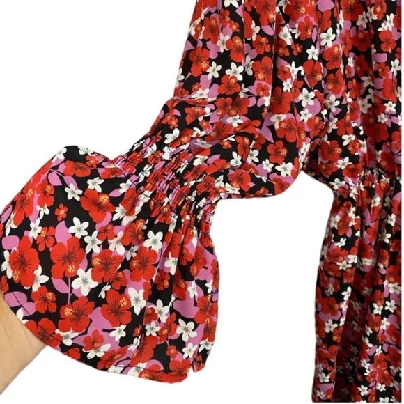 VICI Floral Long Sleeved Ruffle Spring Mini Dress w Red, White &amp; Pink Flowers S