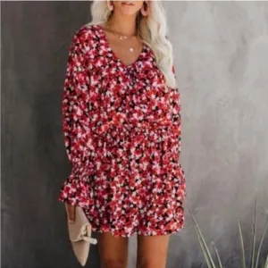 VICI Floral Long Sleeved Ruffle Spring Mini Dress w Red, White &amp; Pink Flowers S