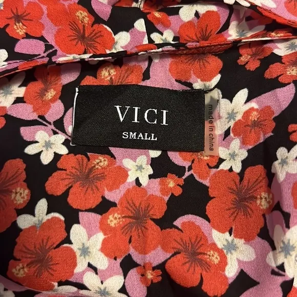 VICI Floral Long Sleeved Ruffle Spring Mini Dress w Red, White &amp; Pink Flowers S