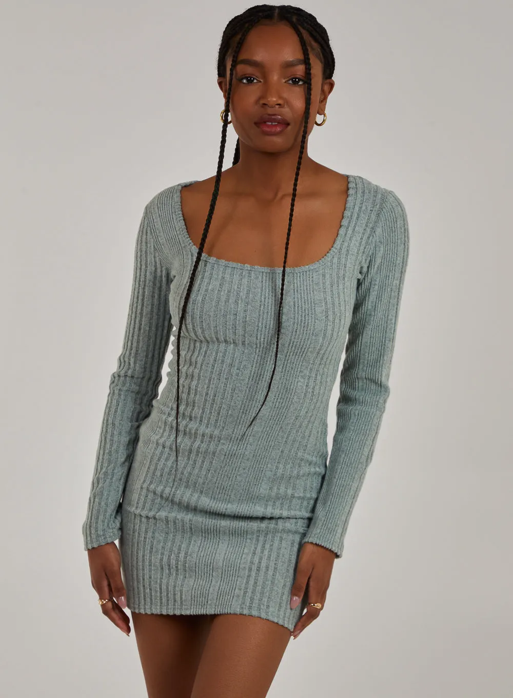 Wide Brushed Rib Long Sleeve Square Neck Dress