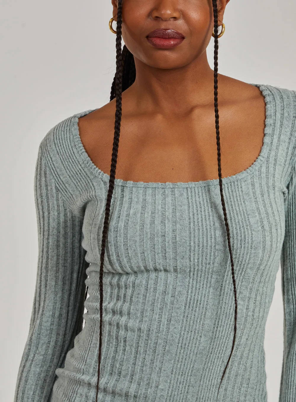 Wide Brushed Rib Long Sleeve Square Neck Dress